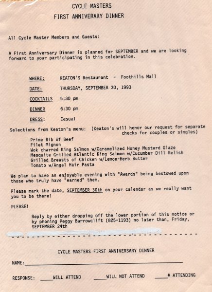 Social - Sep 1993 - First Anniversary Dinner - Info Form